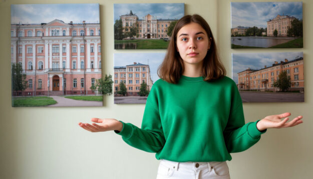 devushka-stoit-ryadom-s-plakatami-zdanij-vuzov